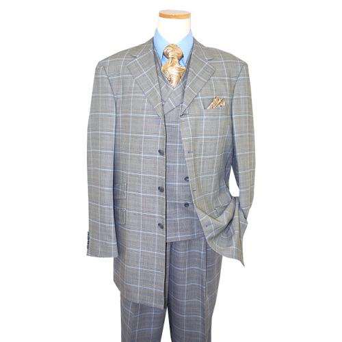 Steve Harvey Collection Black/White Houndstooth With Sky Blue/Cognac Windowpane Super 120's Merino Wool Vested Suit